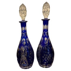 Pair of Beyer West German Cobalt Cut-to-Clear Lead Crystal Decanters, 1960s