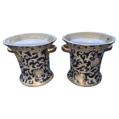 Pair of William Sung Chinese Blue and Gold Porcelain Vases with Qianlong Marks