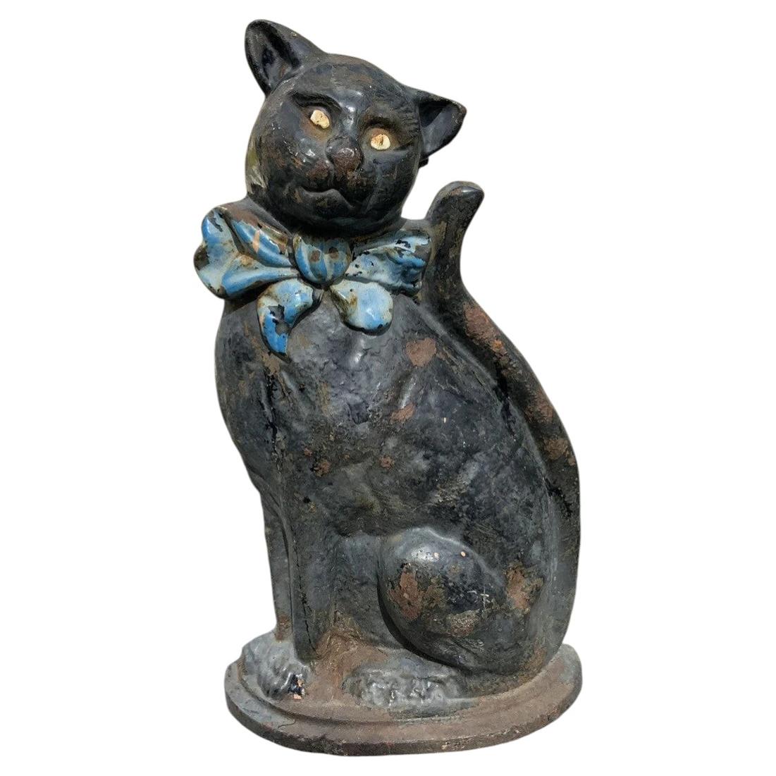Antique English Cast Iron Black Cat Doorstop with Original Paint, Early 20th C For Sale