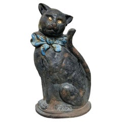 Antique English Cast Iron Black Cat Doorstop with Original Paint, Early 20th C