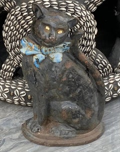 Antique English Cast Iron Black Cat Doorstop with Original Paint, Early 20th C