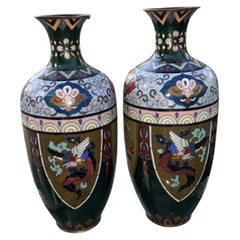 Pair of Japanese Meiji Cloisonné Enamel Phoenix and Dragon Vases, circa 1890