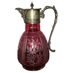 Antique Stevens & Williams Ruby Cut-to-Clear Claret Jug with Green Man Spout