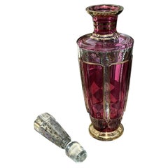 Antique Moser Ruby Cut-to-Clear Cabochon Gilt Glass Decanter, Bohemia circa 1920