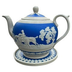 Antique Copeland Late Spode Blue Jasperware Hunting Scene Teapot & Stand c1833