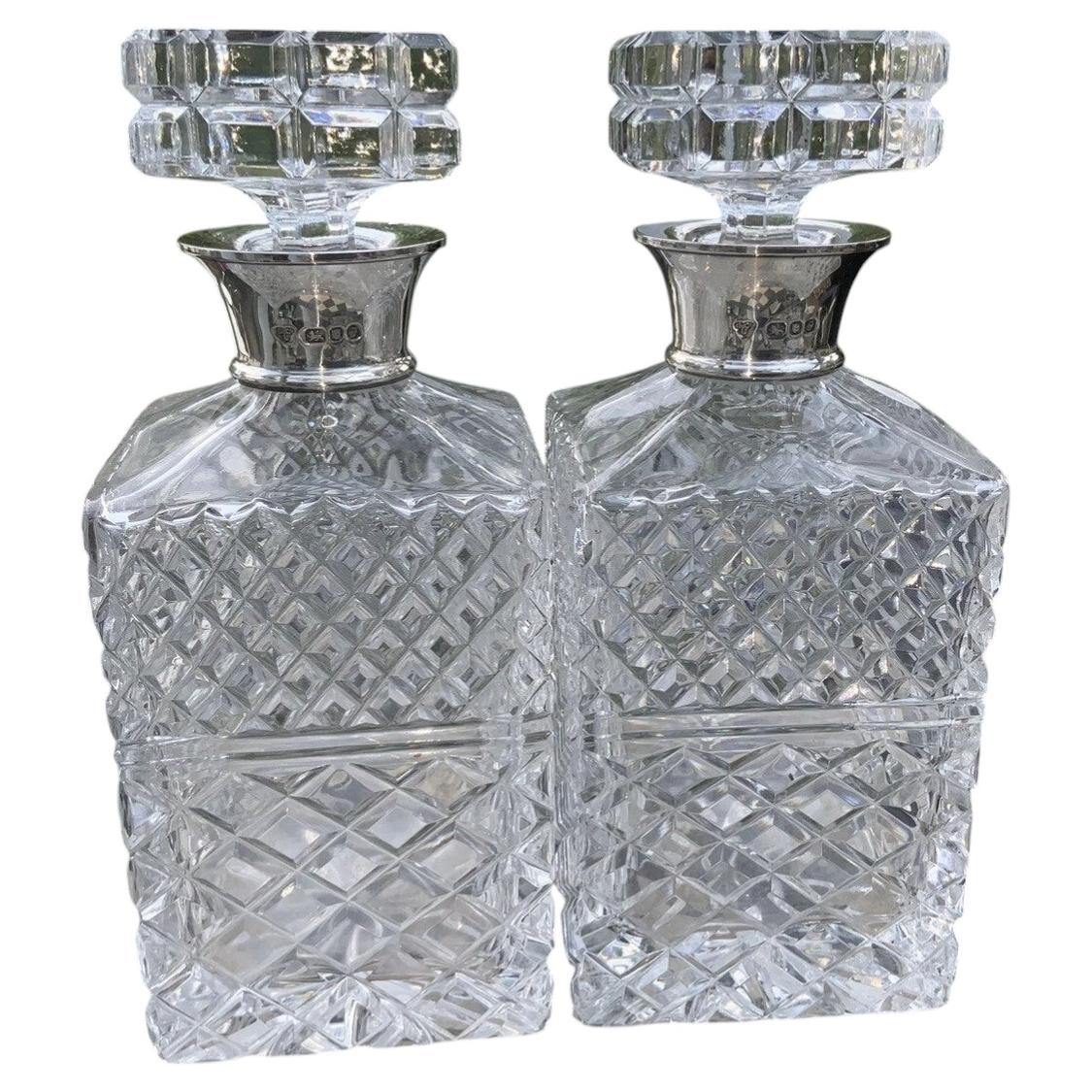 Pair Garrard & Co Sterling Silver Collar Cut Crystal Decanters London circa 1980 For Sale