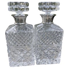Pair Garrard & Co Sterling Silver Collar Cut Crystal Decanters London circa 1980