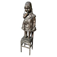 Antique Auguste Moreau Bronze Girl Standing on Chair French Sculpture