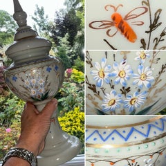 Antique Moser Harrach Bohemian Opaline Glass Enamel Gilt Lidded Pokal Vase c1880
