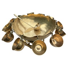 Vintage Indian Brass Gothic Punch Bowl 12 Cups & Ladle Large 21in Party Bar Set