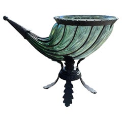 Vintage Cornucopia Horn of Plenty Green Glass Wrought Iron Wine Cooler