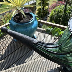 Vintage Cornucopia Horn of Plenty Green Glass Wrought Iron Wine Cooler