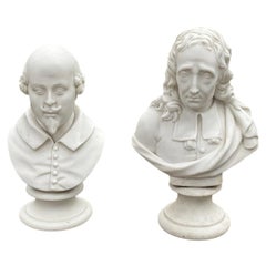 Pair Antique Parian Bisque Busts William Shakespeare & John Milton ca. 1890