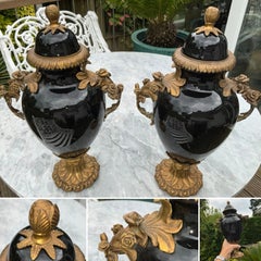 Pair Louis XVI Sevres Style Black Porcelain & Gilt Bronze Ormolu Urns Vases