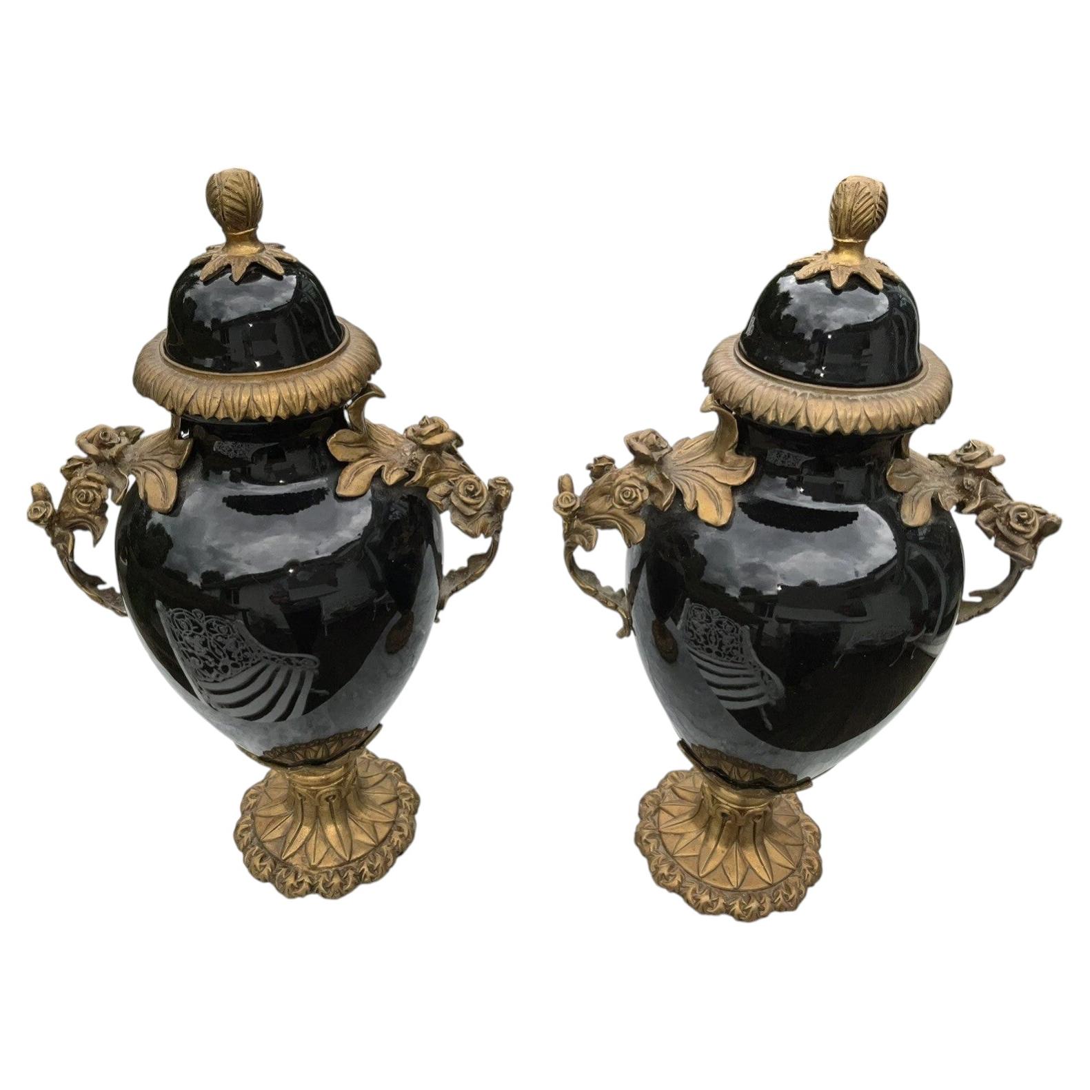 Pair Louis XVI Sevres Style Black Porcelain & Gilt Bronze Ormolu Urns Vases For Sale