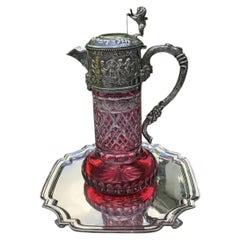 Georgian Style Ruby Cut Crystal Claret Jug Sterling Silver Putti Mounts 1998