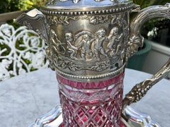 Georgian Style Ruby Cut Crystal Claret Jug Sterling Silver Putti Mounts 1998