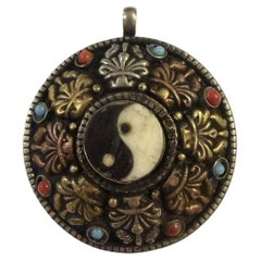19th Century Tibetan Five-Metal Yin Yang Medallion Pendant with Turquoise Coral