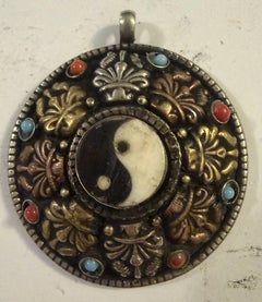 19th Century Tibetan Five-Metal Yin Yang Medallion Pendant with Turquoise Coral