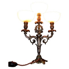 Antique Victorian Arts & Crafts Bronze Three-Arm Table Lamp, circa 1898