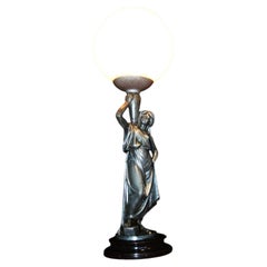 French Art Deco Figural Water Carrier Lamp with Marble & Glass Globe, c.1930
