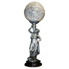 French Art Deco Figural Water Carrier Lamp with Marble & Glass Globe, c.1930