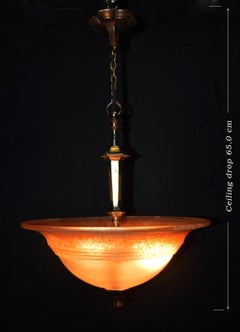 French Art Deco Bronze & Mottled Glass Plafonnier Pendant Light, circa 1930