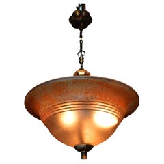 French Art Deco Bronze & Mottled Glass Plafonnier Pendant Light, circa 1930