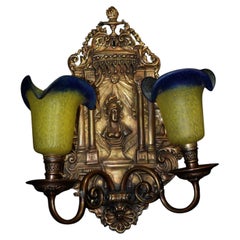 French Art Deco Gilt Bronze Twin-Arm Wall Sconce with Vienne Glass, c.1930