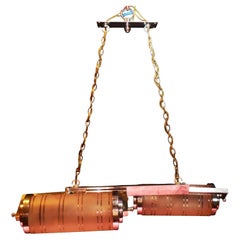 French Art Deco Chrome Two-Light Pendant with Torpedo Glass Shades, c.1930