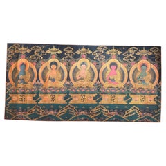 Thangka tibétaine du XIXe siècle représentant les cinq Bouddhas Dhyani, peinte à la main, monastère de Sera