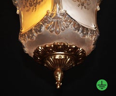 French Art Nouveau Opalescent Frosted Glass Pendant Light with Gilt Brass, circa