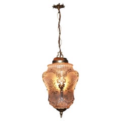 French Art Nouveau Opalescent Frosted Glass Pendant Light with Gilt Brass, circa
