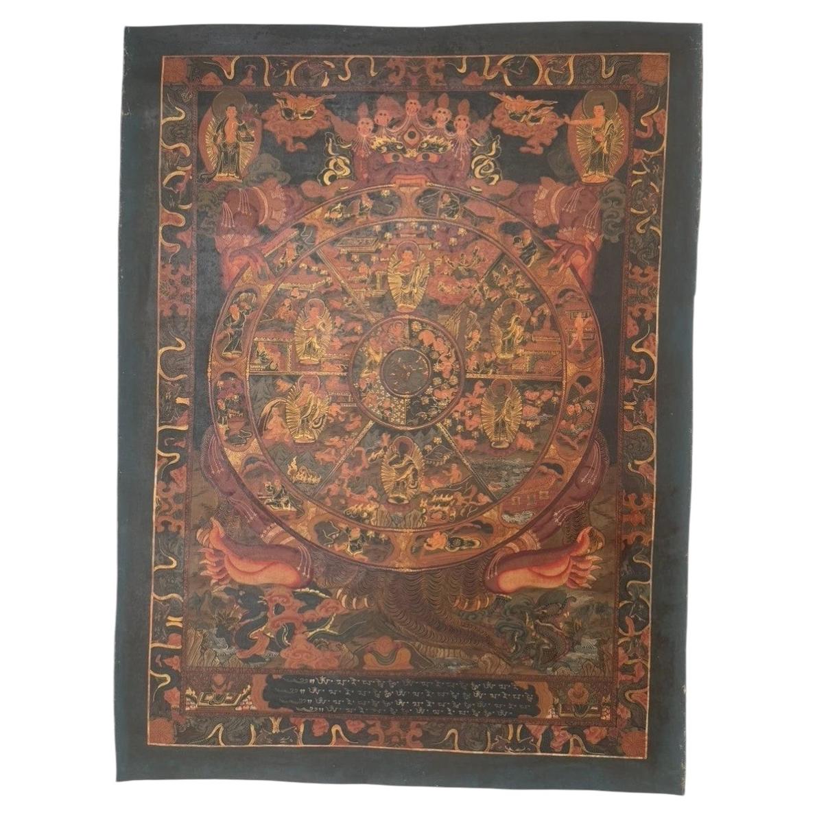 Thangka peinte à la main représentant la « roue de la vie » (Bhavachakra) du bouddhisme tibétain, antérieure au XXe siècle