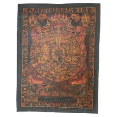 Thangka dipinta a mano raffigurante la Ruota della Vita (Bhavachakra) del buddismo tibetano, antecedente al XX secolo