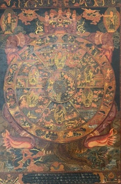 Pre-20th Century Tibetan Buddhist Bhavachakra Wheel of Life Hand-Painted Thangka