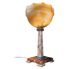 French Art Deco Marble Obelisk Boudoir Table Lamp with Scalloped Shade