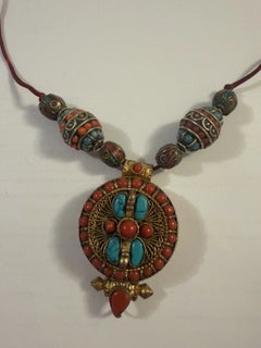 Mid-20th Century Tibetan Buddhist Ghau Turquoise and Coral Amulet Necklace