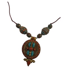 Mid-20th Century Tibetan Buddhist Ghau Turquoise and Coral Amulet Necklace