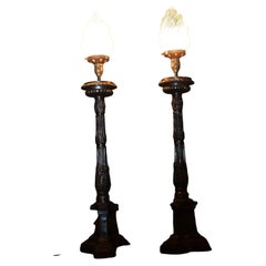 Large French Neoclassical Cast Bronze Newel Post Table Lamps with Flame Shade