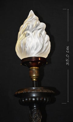 Large French Neoclassical Cast Bronze Newel Post Table Lamps with Flame Shade