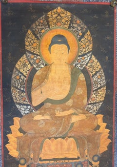 Mid-19th C Japanese Shaka Nyorai Shakyamuni Buddha Hand-Painted Temple Scroll