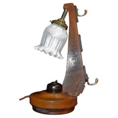 Antique English Arts and Crafts Oak Adjustable Desk Lamp with Opaline Glass Shad