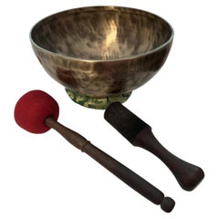 Mid-19th C Tibetan Hand-Hammered Bronze Seven-Metal Singing Bowl with Strikers