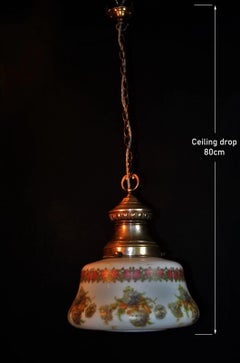 Large Art Deco Opaline Milk Glass Floral Plafonnier Pendant Light with Chain