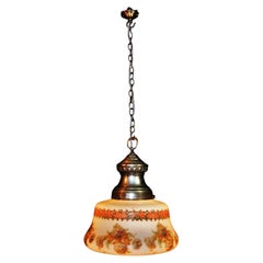 Large Art Deco Opaline Milk Glass Floral Plafonnier Pendant Light with Chain