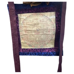 Late 20th Century Tibetan Green Tara Gold Mandala Thangka with Silk Brocade