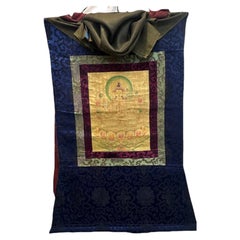 Thangka tibetana de Chenrezig pintada en dorado y con brocado de seda, de finales del siglo XX
