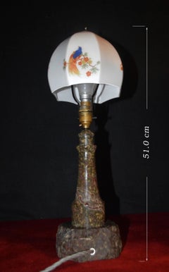 Vintage English Cornish Serpentine Stone Table Lamp with Opaline Glass Shade
