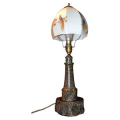 Vintage English Cornish Serpentine Stone Table Lamp with Opaline Glass Shade